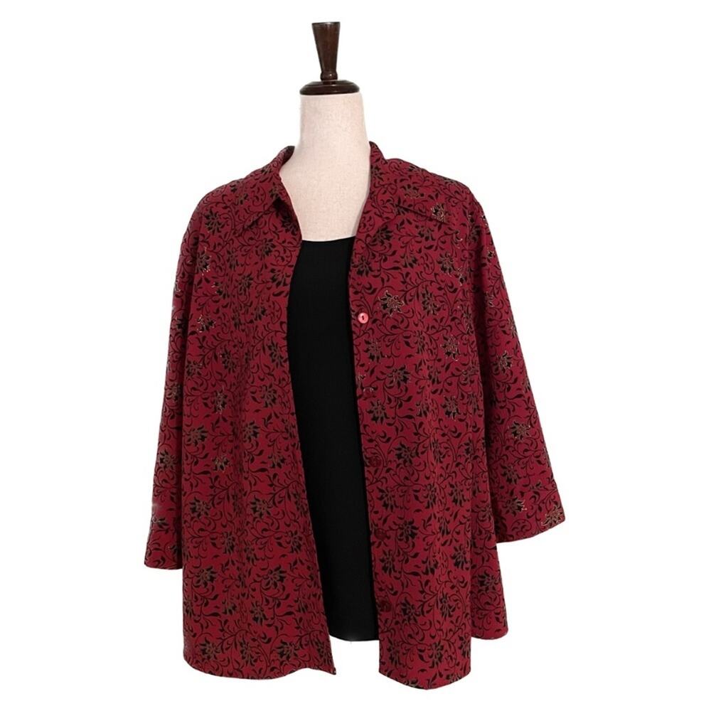 Kim Rogers Women's Plus 3X Floral Metallic Button Down Blouse Red Black Gold